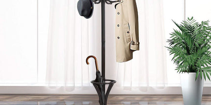 Brown Coat Rack with Stand Wooden Hat and 12 Hooks Hanger Walnut tree
