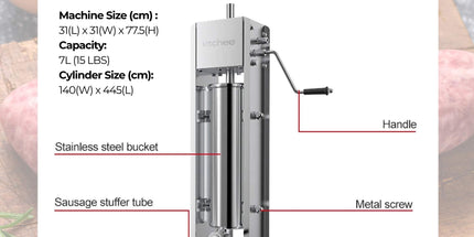 Kitchee 7L Manual Vertical Sausage Filler - Stainless Stuffer Meat Press Machine