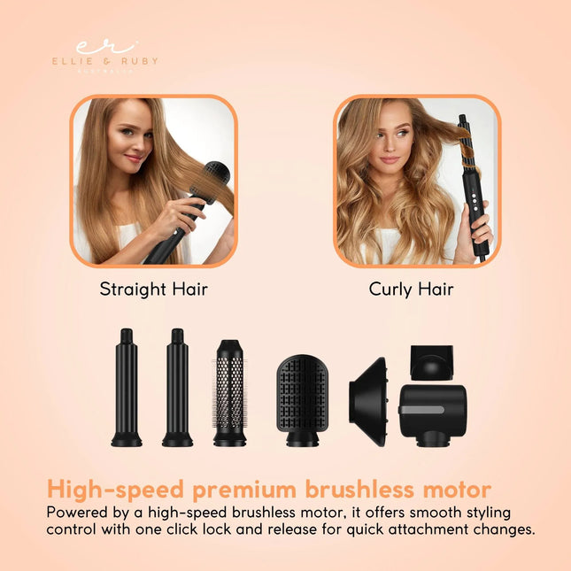 Ellie & Ruby 7-in-1 Hot Air Hair Styler 1400W Dryer Brush Curler Black
