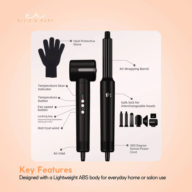 Ellie & Ruby 7-in-1 Hot Air Hair Styler 1400W Dryer Brush Curler Black