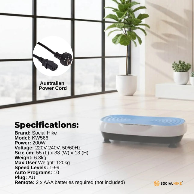 Social Hike 55cm Vibration Plate Machine Full Body Exercise Platform 200W Blue