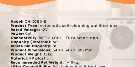 Rooster Farms Smart Cat Litter Box Automatic WiFi Self Cleaning Tray 68L