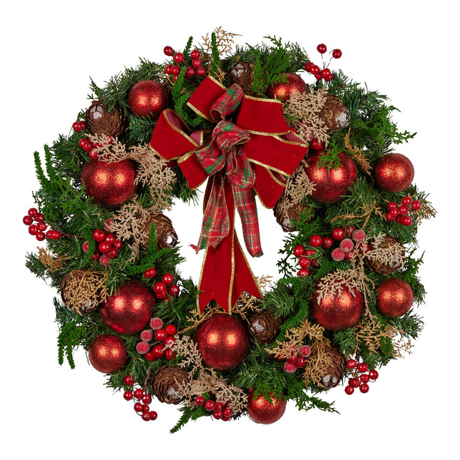 Christabelle 56cm Christmas Wreath Lush Green Holiday Door Wreath with Red Berries, Baubles & Pine Cones Pre-Decorated Festive Wall or Front Door Decoration