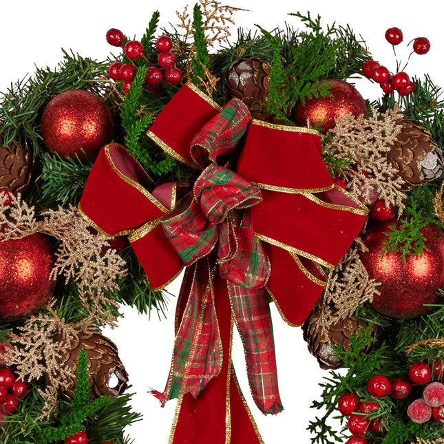 Christabelle 56cm Christmas Wreath Lush Green Holiday Door Wreath with Red Berries, Baubles & Pine Cones Pre-Decorated Festive Wall or Front Door Decoration
