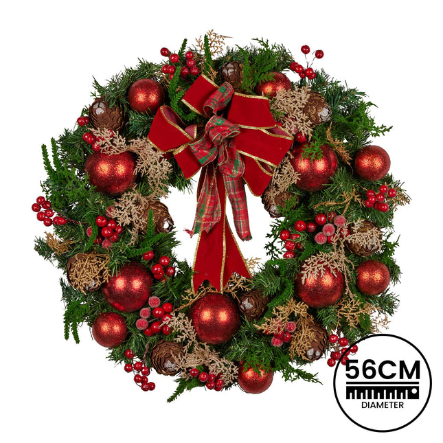 Christabelle 56cm Christmas Wreath Lush Green Holiday Door Wreath with Red Berries, Baubles & Pine Cones Pre-Decorated Festive Wall or Front Door Decoration