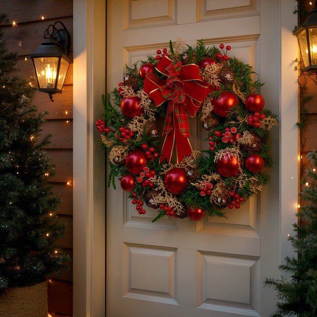 Christabelle 56cm Christmas Wreath Lush Green Holiday Door Wreath with Red Berries, Baubles & Pine Cones Pre-Decorated Festive Wall or Front Door Decoration