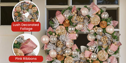 Christabelle 56cm Christmas Wreath Lush Pink Front Door Decoration Jewelled Baubles Flowers Pine Cones Ribbons Ornaments