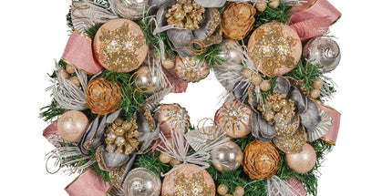 Christabelle 56cm Christmas Wreath Lush Pink Front Door Decoration Jewelled Baubles Flowers Pine Cones Ribbons Ornaments