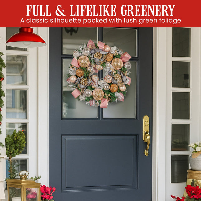 Christabelle 56cm Christmas Wreath Lush Pink Front Door Decoration Jewelled Baubles Flowers Pine Cones Ribbons Ornaments