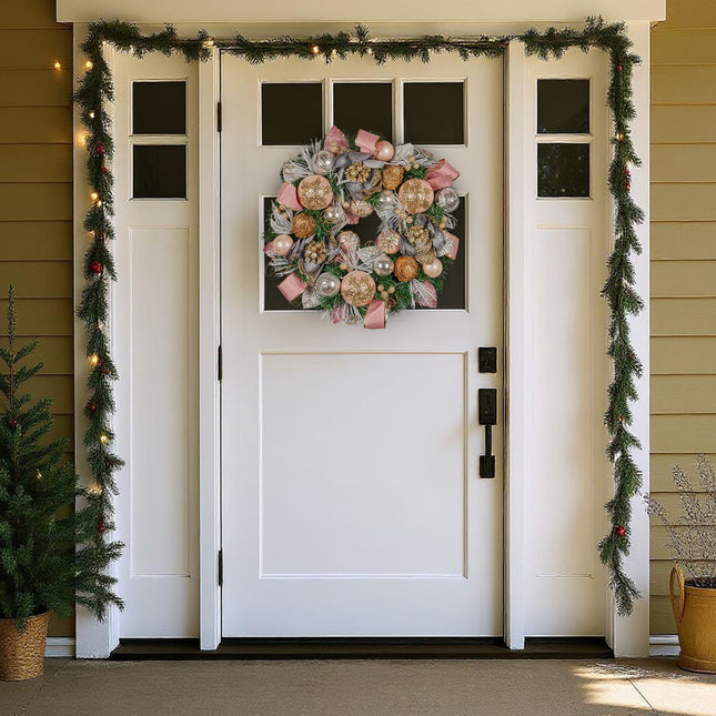Christabelle 56cm Christmas Wreath Lush Pink Front Door Decoration Jewelled Baubles Flowers Pine Cones Ribbons Ornaments