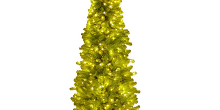 Christabelle 7.5ft Christmas Gremlin Tree Curved Top Red Bauble Built-in Green White LED Lights Control Base & Cord