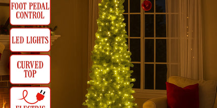 Christabelle 7.5ft Christmas Gremlin Tree Curved Top Red Bauble Built-in Green White LED Lights Control Base & Cord