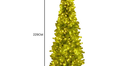 Christabelle 7.5ft Christmas Gremlin Tree Curved Top Red Bauble Built-in Green White LED Lights Control Base & Cord
