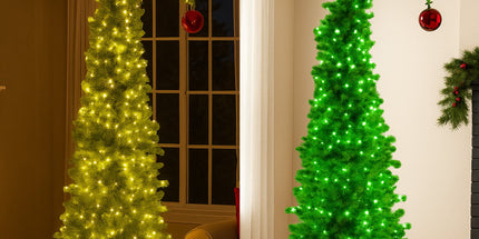 Christabelle 7.5ft Christmas Gremlin Tree Curved Top Red Bauble Built-in Green White LED Lights Control Base & Cord