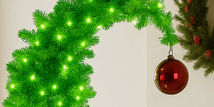 Christabelle 7.5ft Christmas Gremlin Tree Curved Top Red Bauble Built-in Green White LED Lights Control Base & Cord