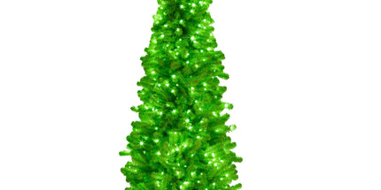 Christabelle 7.5ft Christmas Gremlin Tree Curved Top Red Bauble Built-in Green White LED Lights Control Base & Cord