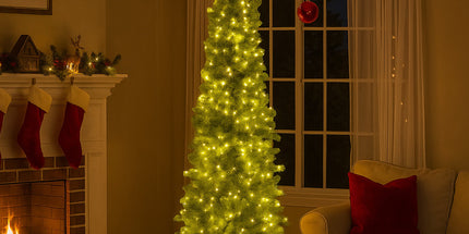 Christabelle 7.5ft Christmas Gremlin Tree Curved Top Red Bauble Built-in Green White LED Lights Control Base & Cord