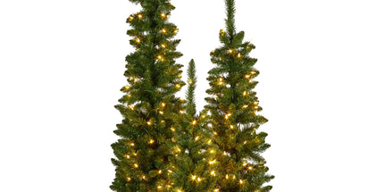 Christabelle Set of 3 Pre-Lit Christmas Trees Green Pine w/LED Lights, Hessian Base & Individual Plugs Varying Heights