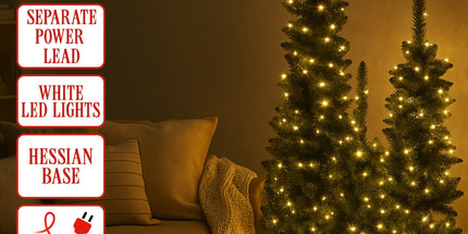 Christabelle Set of 3 Pre-Lit Christmas Trees Green Pine w/LED Lights, Hessian Base & Individual Plugs Varying Heights