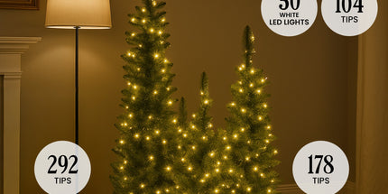 Christabelle Set of 3 Pre-Lit Christmas Trees Green Pine w/LED Lights, Hessian Base & Individual Plugs Varying Heights