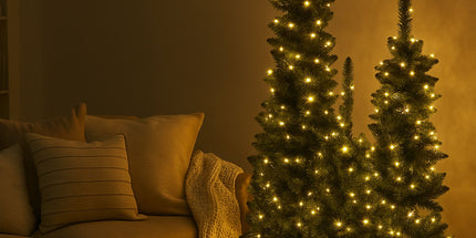 Christabelle Set of 3 Pre-Lit Christmas Trees Green Pine w/LED Lights, Hessian Base & Individual Plugs Varying Heights