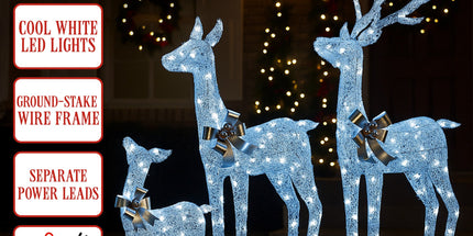 Christabelle Christmas Reindeer Display Set 3 Indoor & Outdoor Decorations Acrylic Beads Cool White LED Lights Silver