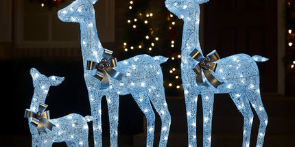 Christabelle Christmas Reindeer Display Set 3 Indoor & Outdoor Decorations Acrylic Beads Cool White LED Lights Silver