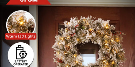 Christabelle 61cm Snowy Christmas Wreath Bedford with LED Lights Front Door Decoration Ornament