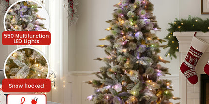 National Tree Company Snowy Stamford Spruce 7.5ft Christmas Tree Multi Functional White Coloured LED Lights & Foot Pedal