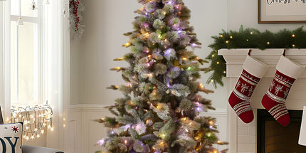National Tree Company Snowy Stamford Spruce 7.5ft Christmas Tree Multi Functional White Coloured LED Lights & Foot Pedal