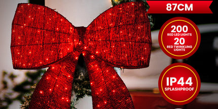 Christabelle Christmas Display Bow 91cm with LED and Twinkle Lights 5 Functions Christmas Festive Decorations Display Big Wired Bow