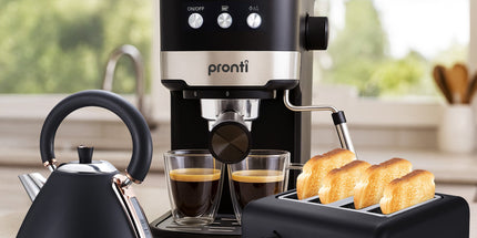 Pronti Breakfast Set with Rose Gold Kettle & Toaster with 1.2L Espresso Machine - Black