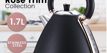 Pronti Breakfast Set with Rose Gold Kettle & Toaster with 1.2L Espresso Machine - Black