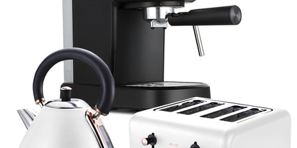 Pronti Breakfast Set with Rose Gold Kettle & Toaster with 1.2L Espresso Machine - White