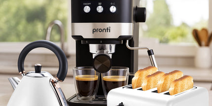 Pronti Breakfast Set with Rose Gold Kettle & Toaster with 1.2L Espresso Machine - White