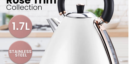 Pronti Breakfast Set with Rose Gold Kettle & Toaster with 1.2L Espresso Machine - White