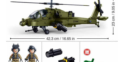 Sluban B1536 Model Kit 1:44 AH-64D Apache Attack Helicopter Chopper Gunship Army Military Air Force Blocks DIY Set Toy