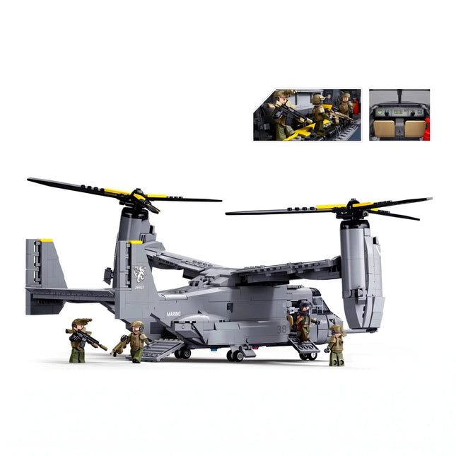 Sluban B1537 Model Kit 1:44 MV-22 Osprey Tiltrotor Helicopter Plane Military Air Force Building Blocks DIY Set Toy