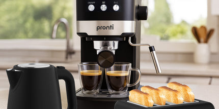 Pronti Breakfast Set with 1.25L Coffee Machine, Silver Noir Toaster & Kettle