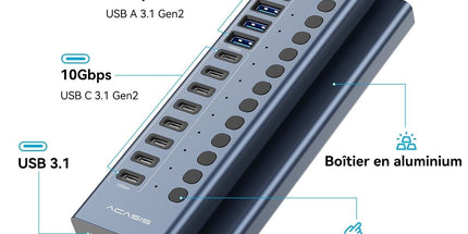 ACASIS HB16PRO 16-Port USB 3.2 10Gbps 12V/8A Powered 8 x USB-A + 8 x USB-C Docking Hub for PC & Laptop