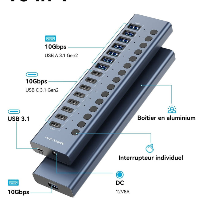 ACASIS HB16PRO 16-Port USB 3.2 10Gbps 12V/8A Powered 8 x USB-A + 8 x USB-C Docking Hub for PC & Laptop