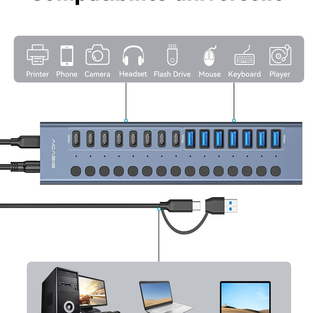 ACASIS HB16PRO 16-Port USB 3.2 10Gbps 12V/8A Powered 8 x USB-A + 8 x USB-C Docking Hub for PC & Laptop