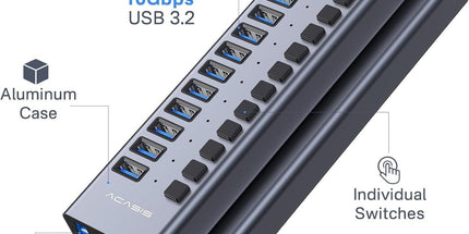 ACASIS HS-716MG USB 3.2 Gen2 10Gbps 12V/8A 16 Port USB-A + On/Off Switch with AC Power Adapter for PC & Laptop