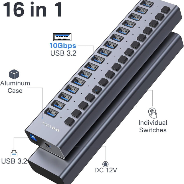 ACASIS HS-716MG USB 3.2 Gen2 10Gbps 12V/8A 16 Port USB-A + On/Off Switch with AC Power Adapter for PC & Laptop