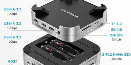 ACASIS M001PRO 14-in-1 Mac Mini Docking Station USB4 40Gbps Dock Dual 4K60Hz DP NVMe SSD x 2, USB-A x 3, DP x 2, PD/SD/TF Built for High-Performance Workstations