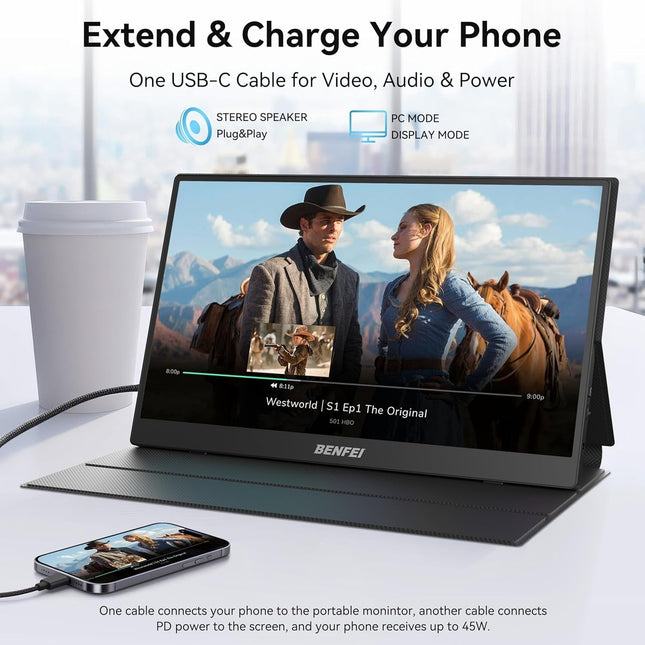 BENFEI 000451BK 15.6" FHD Portable Monitor USB-C HDMI IPS HDR Gaming Display w/ Speakers