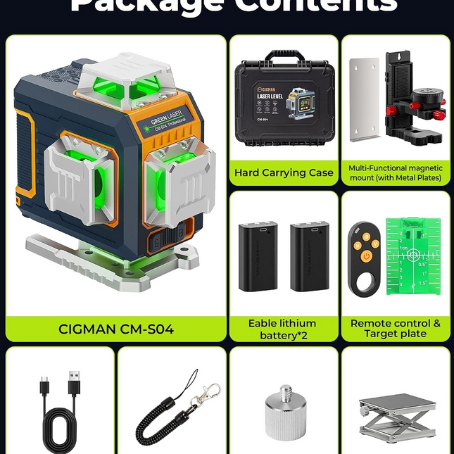 CIGMAN 16 Lines Green Laser Level 4×360° Self Leveling, Side LCD, CMS04