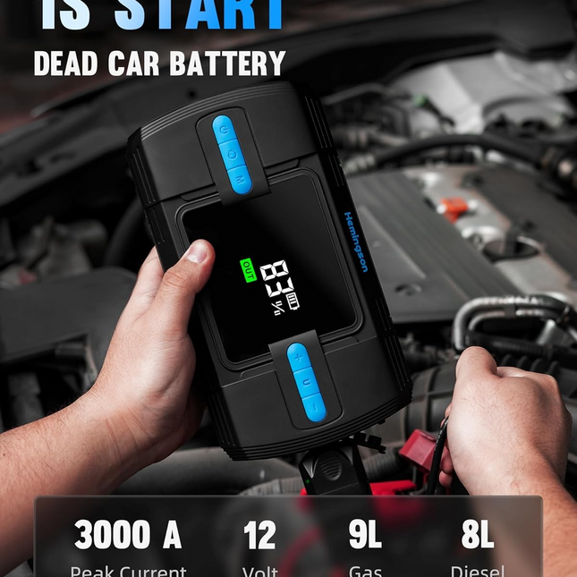 Car Jump Starter with Air Compressor, Hemingson 160PSI 3000A Portable Car Battery Jump Starter (9.0L Gas/8.0L Diesel), 12V Car Battery Jump Box Jumper Starter with Oversized LCD Display, Lights