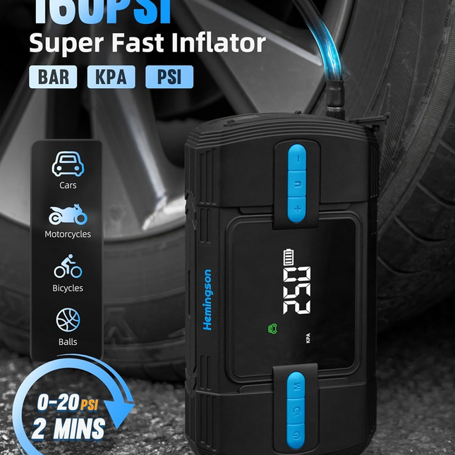 Car Jump Starter with Air Compressor, Hemingson 160PSI 3000A Portable Car Battery Jump Starter (9.0L Gas/8.0L Diesel), 12V Car Battery Jump Box Jumper Starter with Oversized LCD Display, Lights