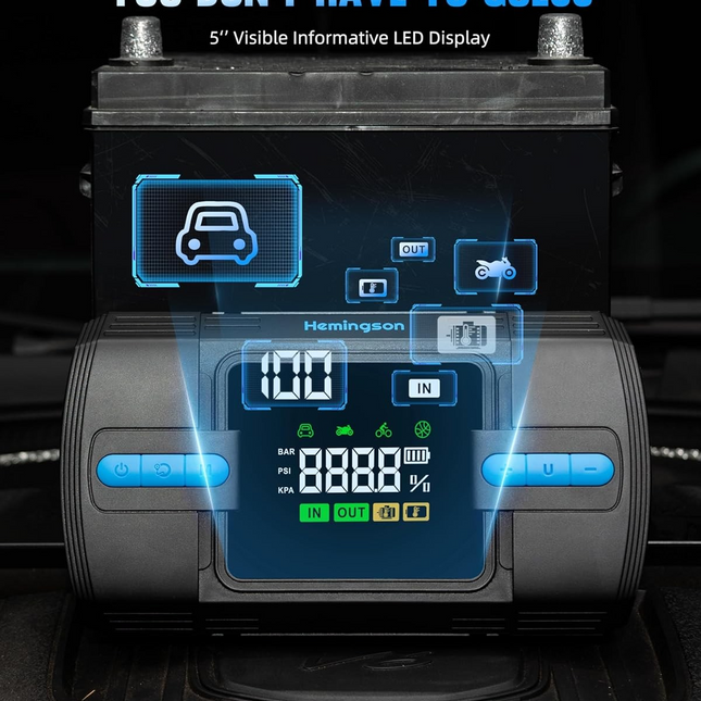 Car Jump Starter with Air Compressor, Hemingson 160PSI 3000A Portable Car Battery Jump Starter (9.0L Gas/8.0L Diesel), 12V Car Battery Jump Box Jumper Starter with Oversized LCD Display, Lights